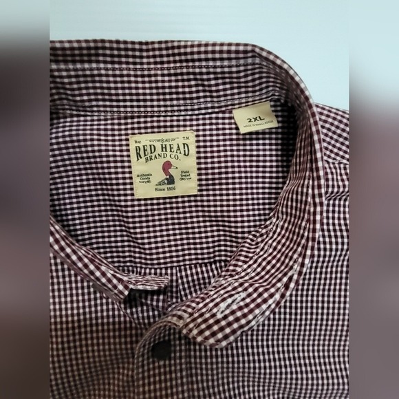 Red Head Bad Bear Gingham Check Button Up Short Sleeve Shirt Casual Maroon XL - Picture 5 of 6